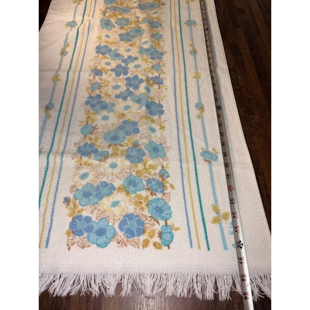 Vintage Cannon Floral Bath Towel Blue Yellow White Fringe Made in USA 1970s